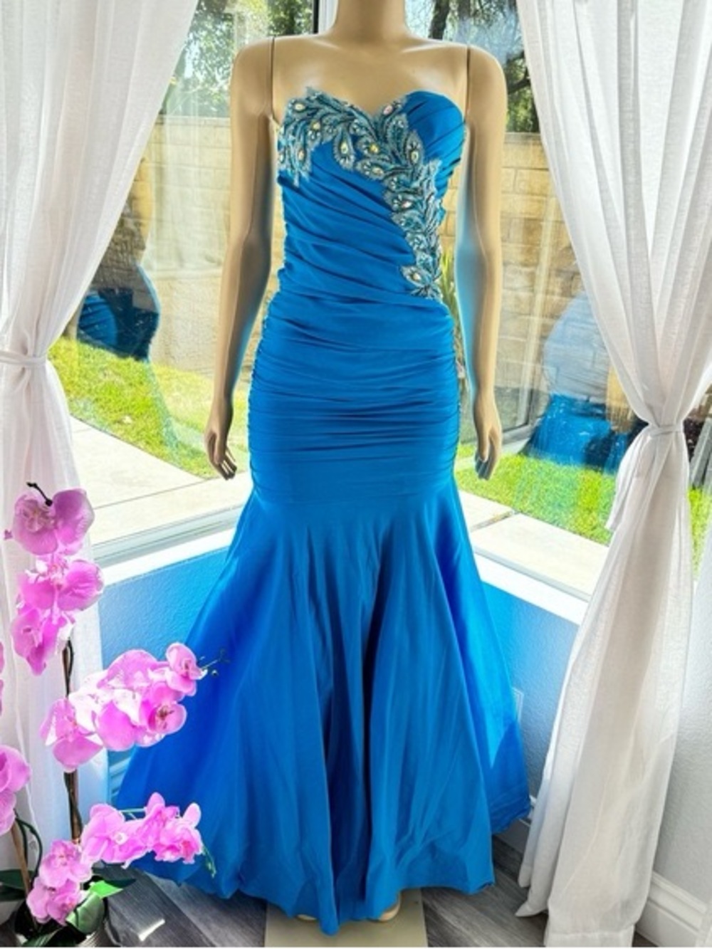 Aspeed Teal-Blue Strapless Beaded Mermaid Prom Dress
